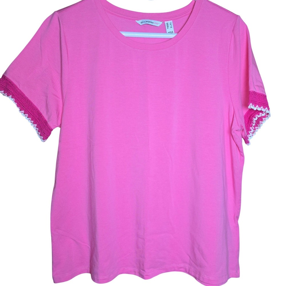 Isaac Mizrahi Live Pink Short Sleeve Round Neck Womens Top L Crochet Sleeves